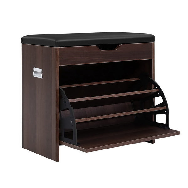 Artiss Shoe Rack Cabinet Bench 3-tier 15 Pairs Walnut