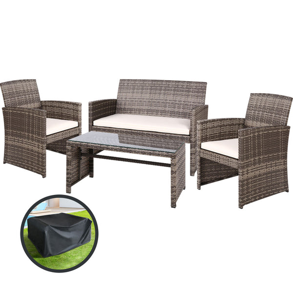 Gardeon 4 PCS Outdoor Sofa Set with Storage Cover Rattan Chair Furniture Grey