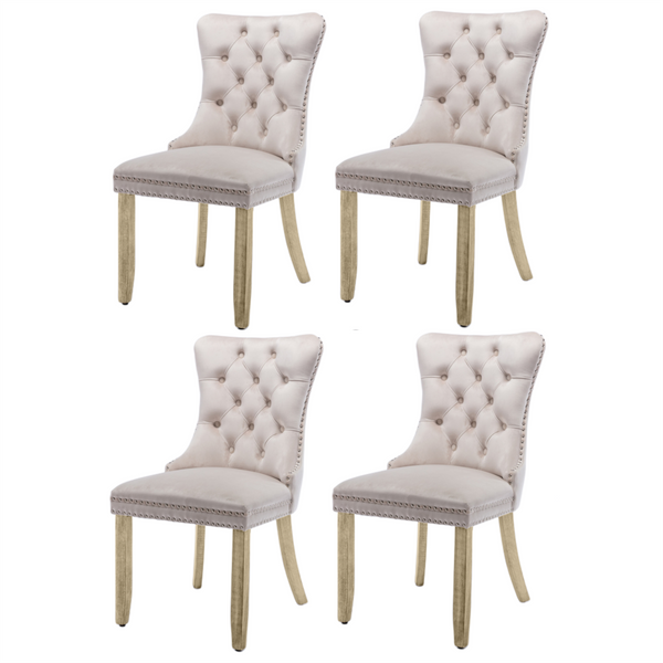 4x Velvet Dining Chairs Upholstered Tufted Kithcen Chair with Solid Wood Legs Stud Trim and Ring-Beige