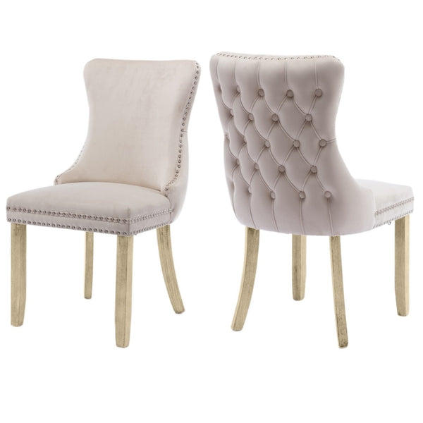 2x Velvet Upholstered Dining Chairs Tufted Wingback Side Chair with Studs Trim Solid Wood Legs for Kitchen