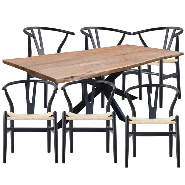 Lantana 7pc 180cm Dining Table 6 Black Wishbone Chair Set Live Edge Acacia Wood