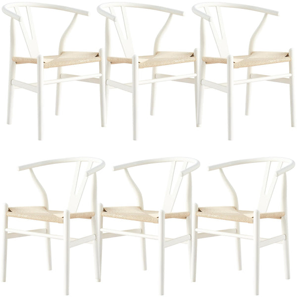 Anemone  Set of 6 Wishbone Dining Chair Beech Timber Replica Hans Wenger - White