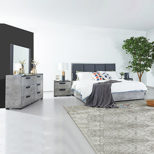 Queen 4 Pcs Bedroom Suite with Dresser Fabric Upholstery MDF Combination of Black & Cement Colour