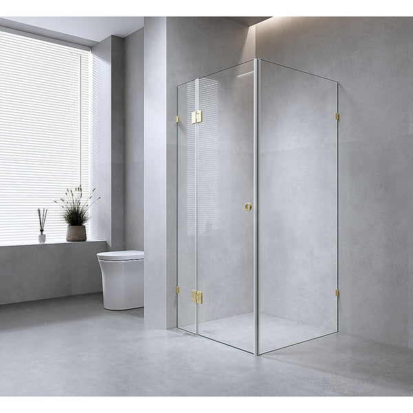 90x70cm Corner Frameless Shower Screen with Chrome Brackets and SS Hinges, Round Handle