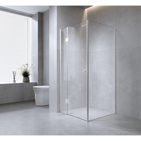 90x70cm Corner Frameless Shower Screen with Chrome Channel and SS Hinges, Round Handle