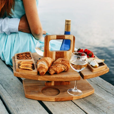 Sycamore Log Color Portable Wooden Picnic Table - Wine Glass & Snack Holder